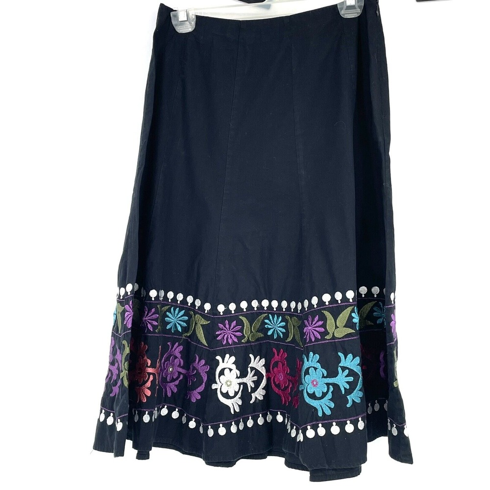 Sunny Leigh Black‎ Skirt Womens Sz 6 Floral Embroidery Cotton
